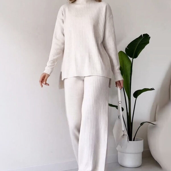 Turtleneck Knitted Suit Loose Split Design Long-sleeved Top And Straight Trousers Fashion Casual Solid Set Women's Clothing - Image 3