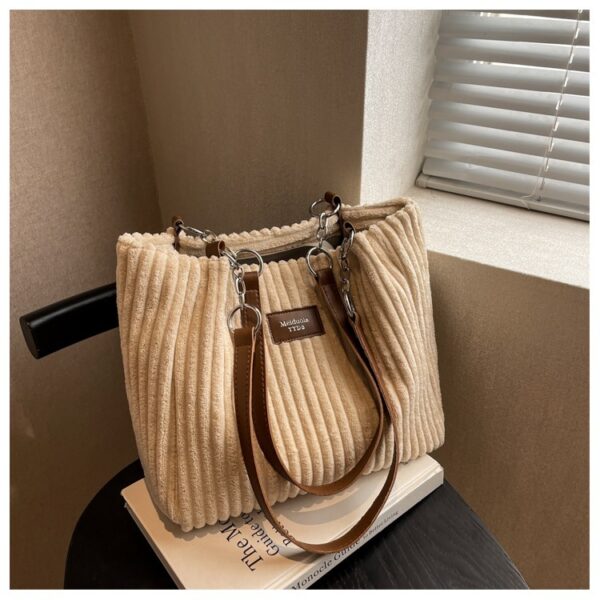 Retro Large Capacity Shoulder Bag Casual Simple Portable Shopper Tote Bag Corduroy Solid Commuter Zipper Women's Handbag - Image 5