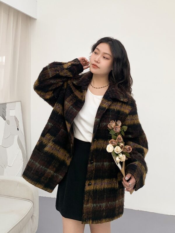 Retro Lapels Plaid Wool Coat - Image 5