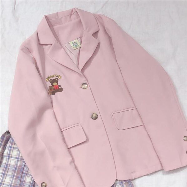 Vitality Girl College Wind Embroidered Bear Blazer Macaron Pink