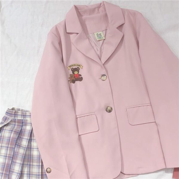 Vitality Girl College Wind Embroidered Bear Blazer Macaron Pink - Image 6