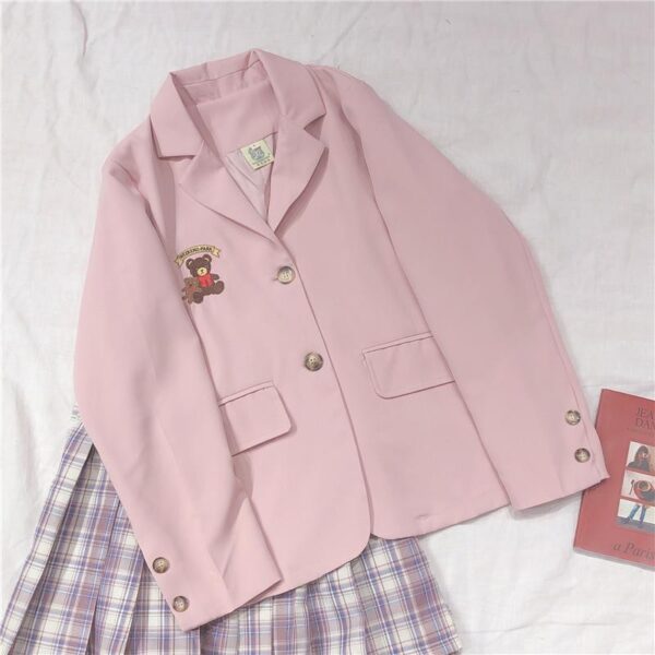 Vitality Girl College Wind Embroidered Bear Blazer Macaron Pink - Image 5