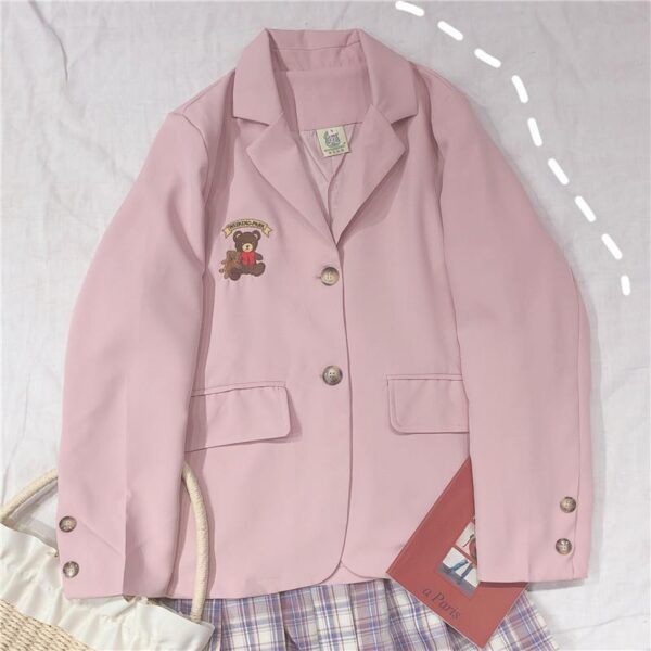 Vitality Girl College Wind Embroidered Bear Blazer Macaron Pink - Image 3