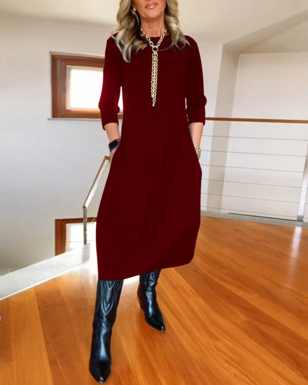 Autumn And Winter New All-matching Solid Color Loose Round-neck Long-sleeved Dress Women - Image 2