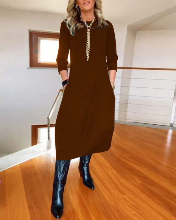 Autumn And Winter New All-matching Solid Color Loose Round-neck Long-sleeved Dress Women - Image 4