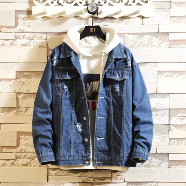 Men's Long Sleeve Ripped Hole Washed Lapel Denim Jacket - Image 5