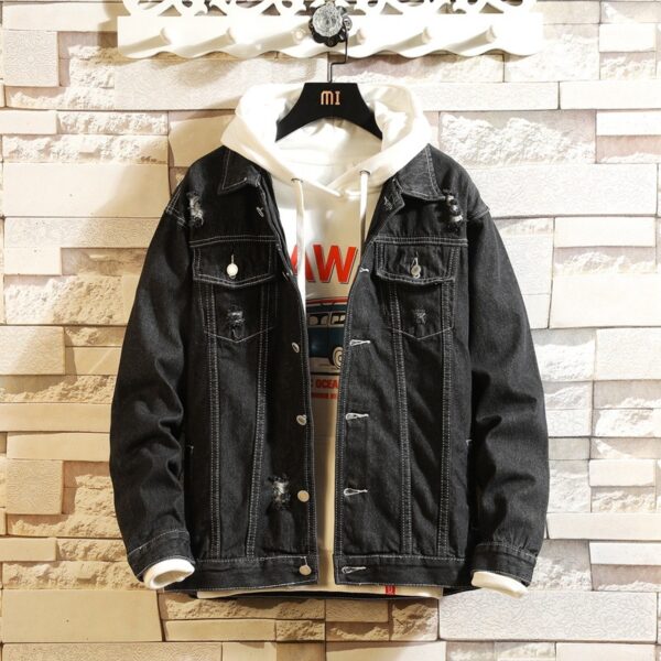 Men's Long Sleeve Ripped Hole Washed Lapel Denim Jacket - Image 4