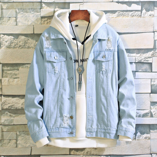 Men's Long Sleeve Ripped Hole Washed Lapel Denim Jacket - Image 2