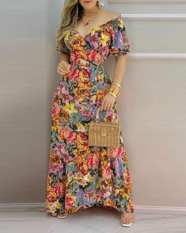 Short Sleeve Printed V-neck Waist-controlled Lace-up Dress - Image 3