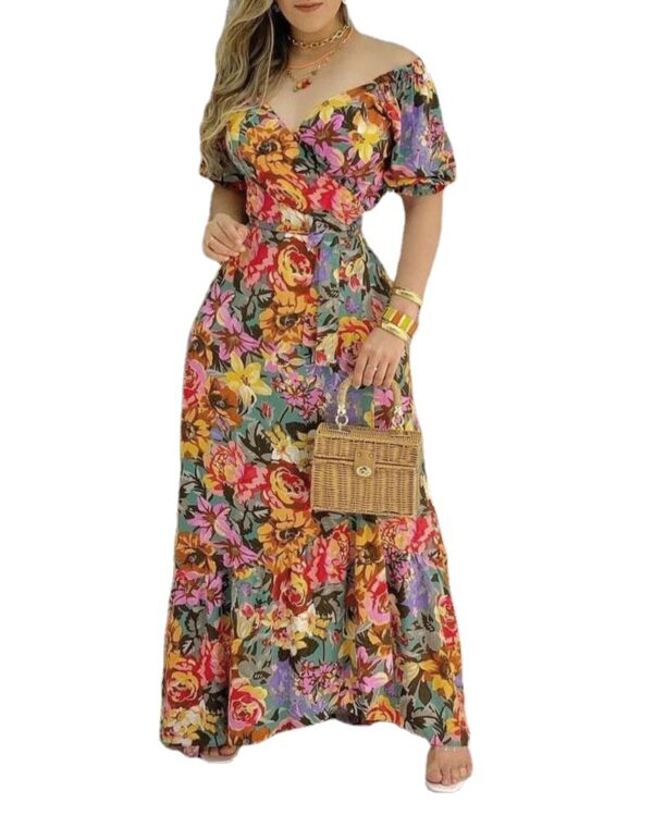 Short Sleeve Printed V-neck Waist-controlled Lace-up Dress - Image 5