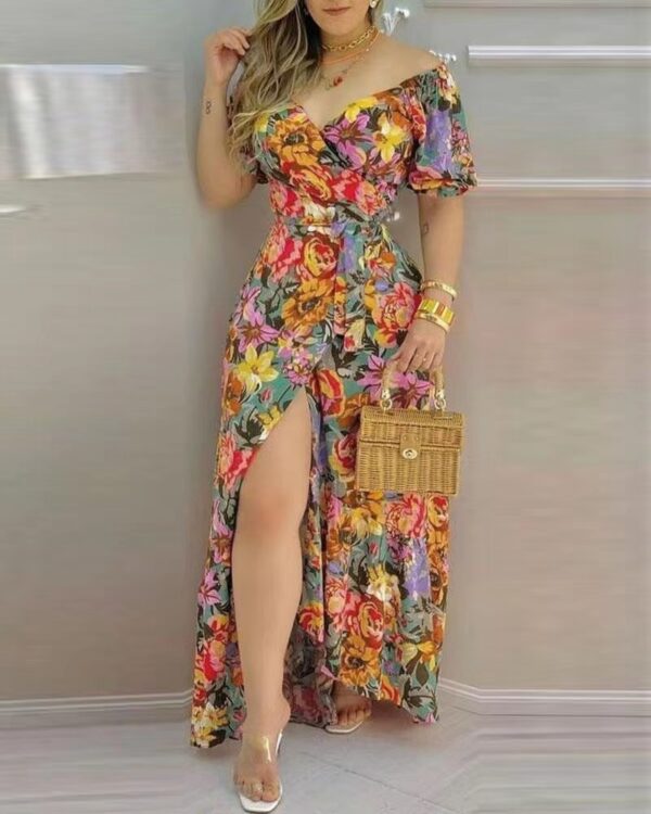 Short Sleeve Printed V-neck Waist-controlled Lace-up Dress - Image 6