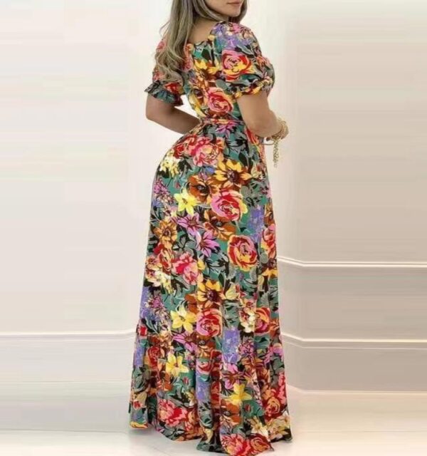 Short Sleeve Printed V-neck Waist-controlled Lace-up Dress - Image 4